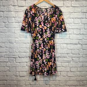 5/$25 Navy Blue Pink Floral Dress Tassels Short Sleeve XXL Plus Size Belted